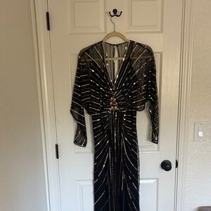 Roaring 20’s Black Beaded Evening Gown with Gold Accents